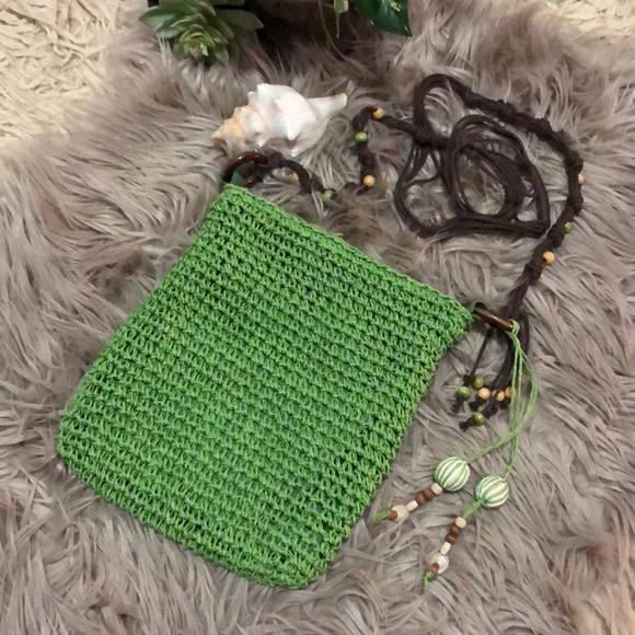 FREE WITH $25 PURCHASE Sun N Sand Woven Bag-Crossbody-Beaded Accents-Green/Brown - Picture 2 of 15